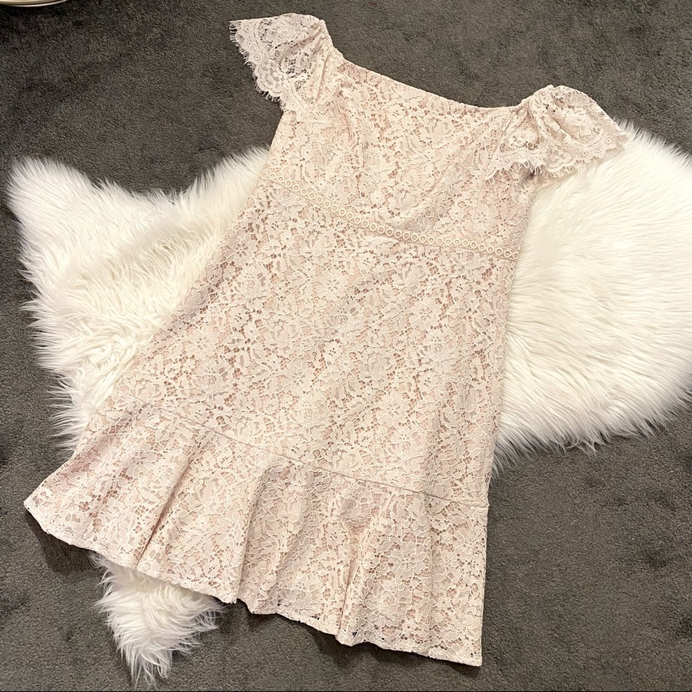 Ivory off-the-shoulder lace dress
